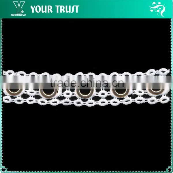 White Polyester Lace Rhodium Flat 15MM Metal Grommet Eyelet Trimming photo-2