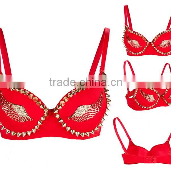 Gold Stud Rivet Spike /Wings Red Steampunk Bralette Top Sexy Club Bra Push Up Exotic Bras For Women Underwear Dancewear Lingerie photo-3