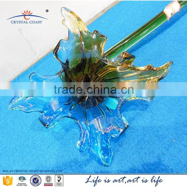 Vintage Green Stem Murano Hand Blown Blue Art Glass Flower photo-3