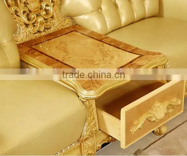 European Style Golden Color Wooden Hand Carved Living Room Leather Sofa Furniture Set(MOQ=1 SET) photo-2