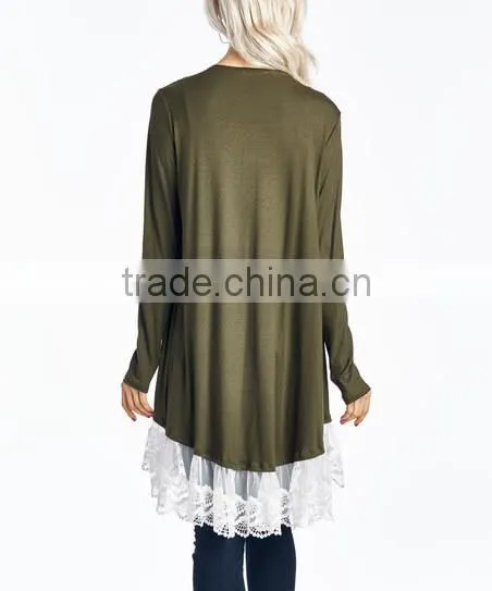 Women Nylon Spandex Stretch Blend Olive Lace Trim Open Cardigan 2017 New Arrival photo-3