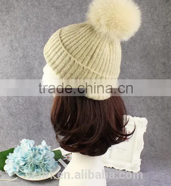 High Quality 15cm Fox Fur Real Sheep Wool Knit Beanie Hat With Fox Fur Ball photo-2