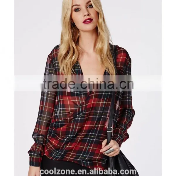 90's Deep Plunge Wrap Over Style 2015 New Design Chiffon Ladies Blouse photo-4