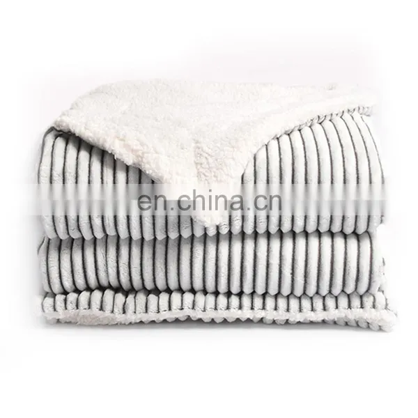 March New Products Striped Super Fluffy Reversible Sherpa Throw Grey Blanket for Your Living Room and Bedroom photo-2