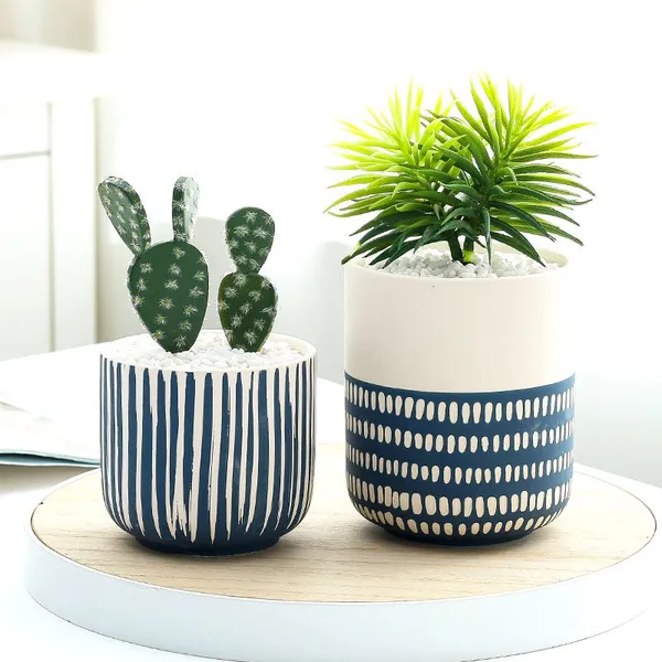 Blue And Yellow Stripe Large Hand Paint Ceramic Flower Pot For Study And Dining Room photo-5