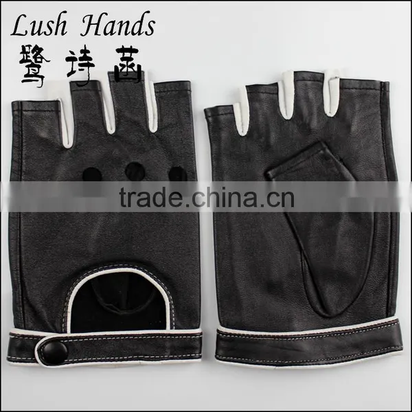 2015 Fashion Short Fingerless Black Leather Driving Gloves With Knuckles Holes