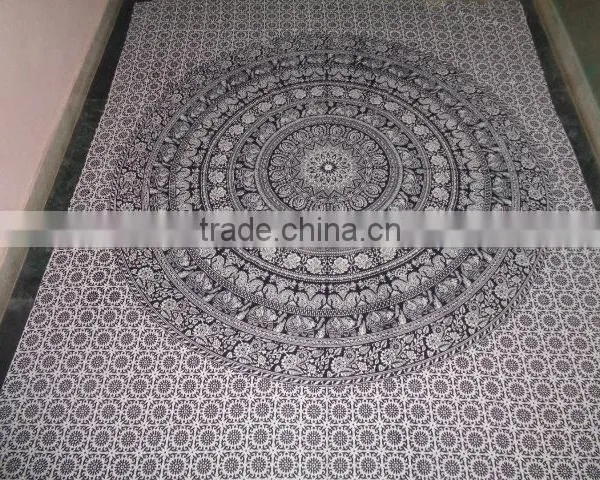 Round Mandala Black White Printed Elephant Tapestry photo-2
