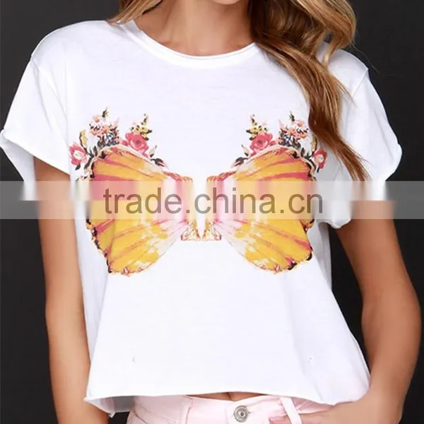 2015 New Design Print Ladies Short Sleeve Cut Cropped Tops, Woman Tee
