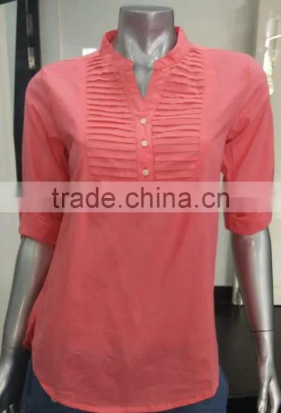 Ladies Button Down Shirts With Pintuck on Chest and Fold up Sleeve photo-4