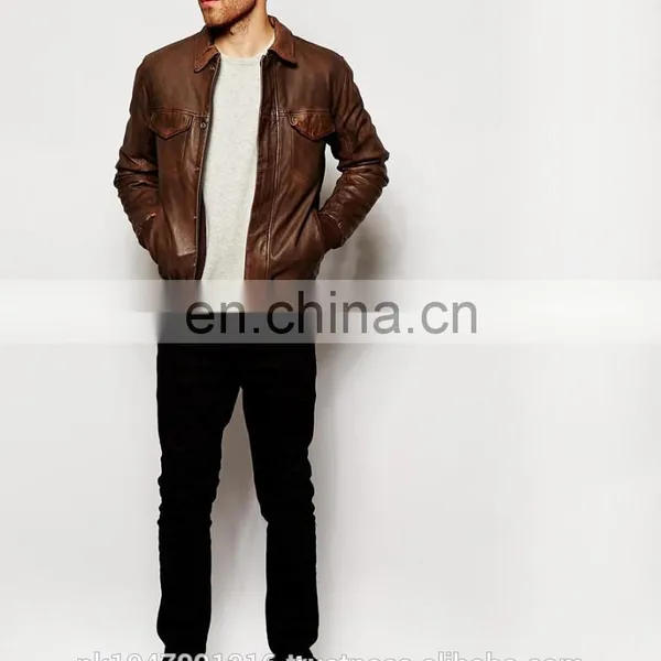 New 2014 Men Leather Jacket / Genuine Leather Jacket / Sheepskin Leather Bomber Jacket Dark Brown photo-4