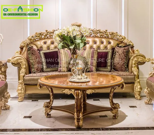 OE-FASHION 3 Seater Golden Wooden Genuine Leather Recliner Chesterfield Sofa