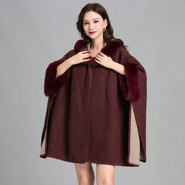 European and American Imitation Rex Rabbit Fur Collar Hooded Large Cape Cape Knitted Cardigan Fur Coat Woman photo-2
