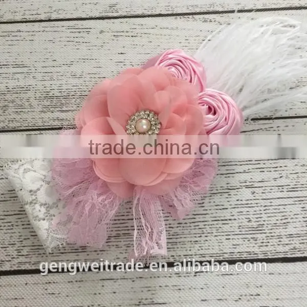 Bulk High Quality Baby Hair Accessory Lace Flower and Feather Fashion Headband for Kids photo-2