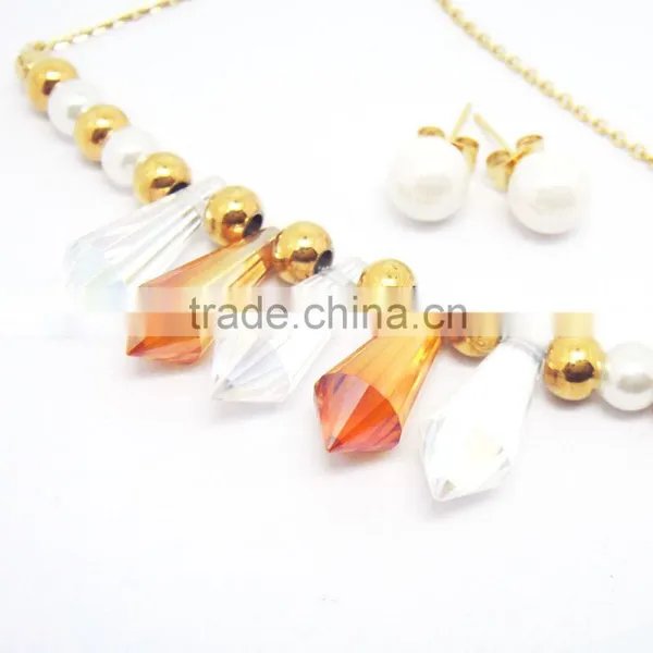 Stainless Steel Gold Bead Multi Colored Crystal Statement Necklace photo-2