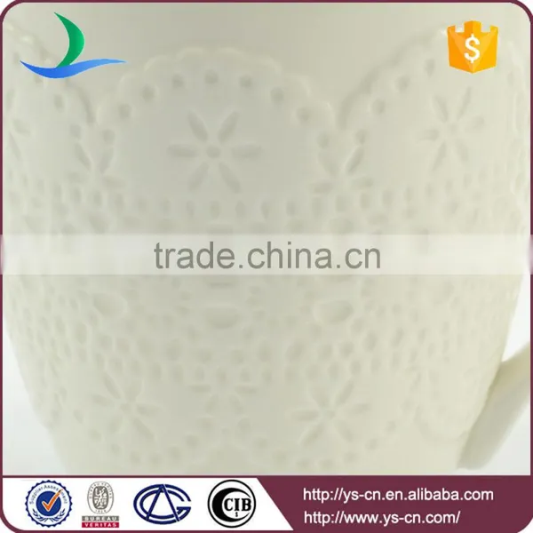 Embossed Lace White Glazed Porcelain Coffee Mug With Handle Prices photo-4