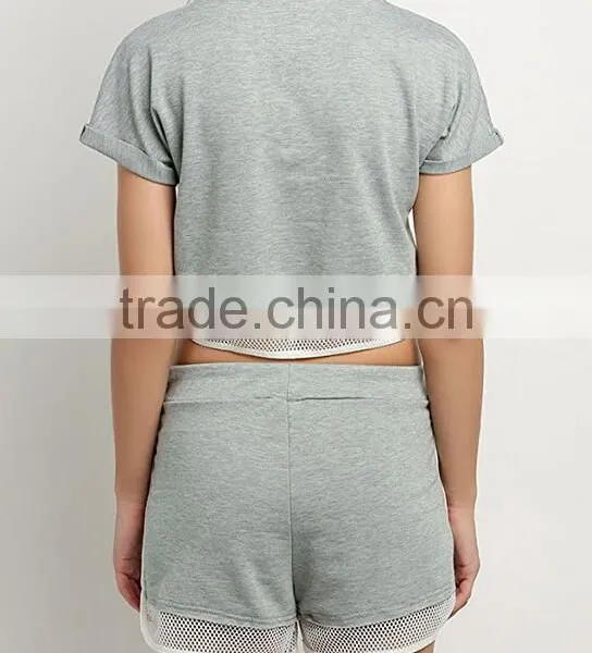 Women's Cheap Fashion Casual American Style Clothing Mesh Trim 2 Piece Set Crop Tops + Pocket Shorts Outfit Suit photo-3
