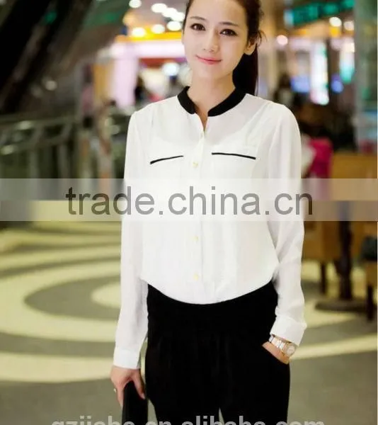 2015 Hot Sell Fashion Chiffon Blouse Stand Pockets Clothes Women Stand Collar Chiffon Blouse Long Sleeve Shirt photo-2