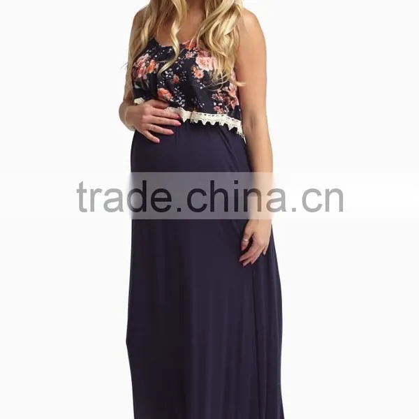 New Style Navy Blue Floral Overlay Maternity Clothes Maxi Dress Wholesale photo-2
