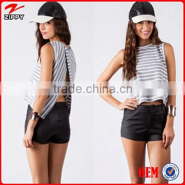 2016 Women Clothing, Designer Clothing Manufacturers in China, Private Label Women Knitted Sleeveless Stripe Top With Split Back