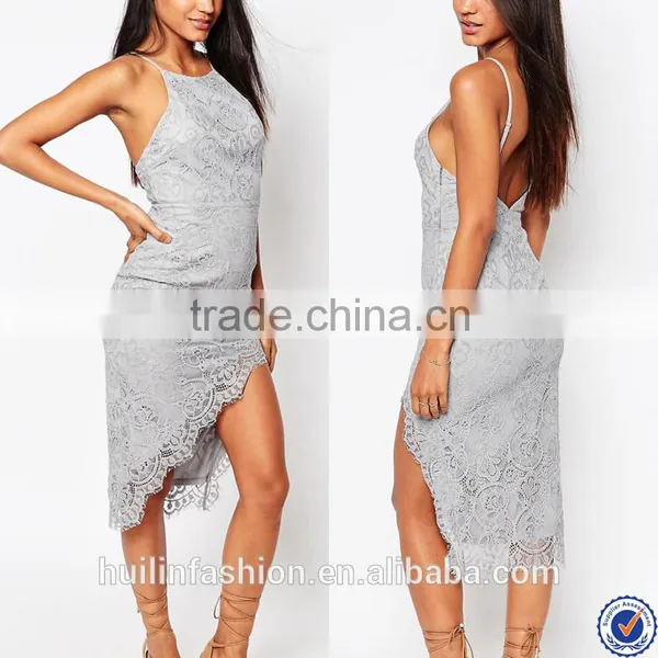 Pictures of Latest Gowns Designs Spaghetti Strape Asymmetric Hem Lace Evening Dress