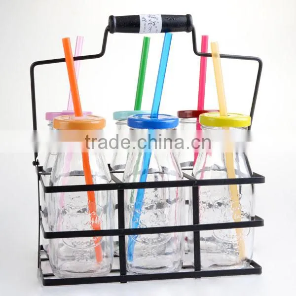11oz Mini Glass Milk Bottle Set With Lid Stand Small Drinking Glass photo-2