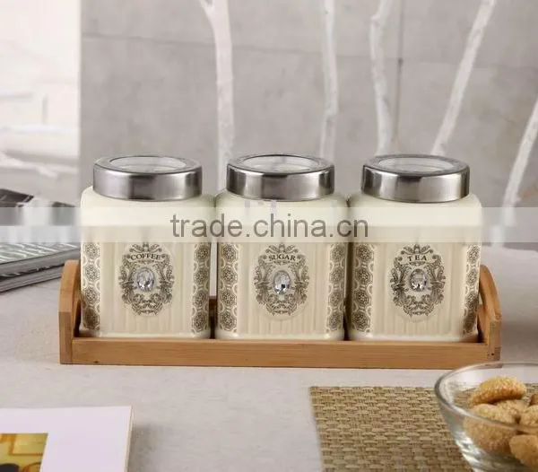 Square Ceramic Canister Set With Bamboo Stand photo-2