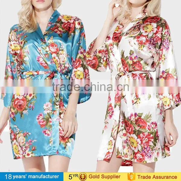 2017 Fashion Summer Nightgown Sleepwear 100% Polyester Printed Floral Wedding Bride Bridesmaid Silk Satin Short Kimono Robes