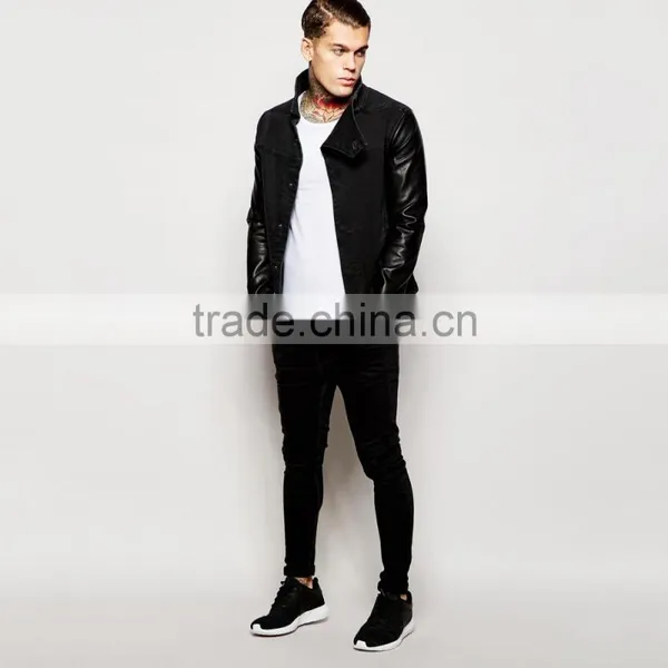Fashion Denim Black Sleeves Leather Jacket With Pocket Custom Design photo-4