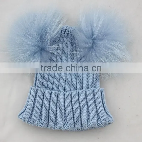 Myfur Baby Blue Wool Crochet Knitted Hats With Double Removable Raccoon Fur Balls photo-4