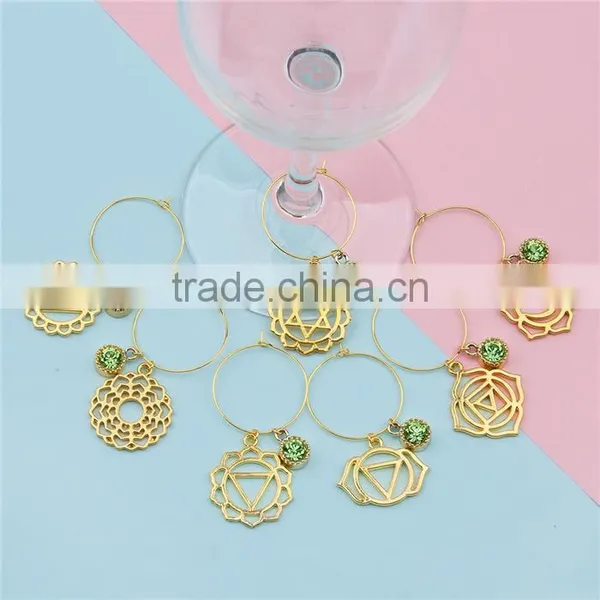 Yoga Healing Hoop Earrings Gold Plated Round Flower Green Rhinestone Wine Glass Marker Charms photo-2