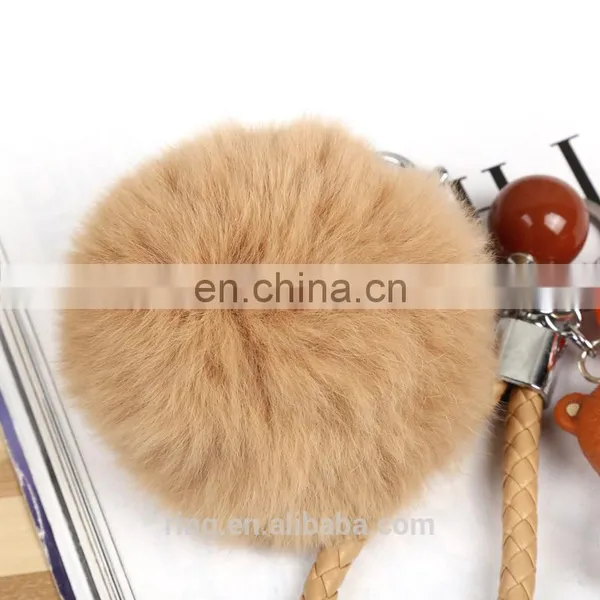 Rabbit Fur Ball WIth Bear Pendant Pom Pom Keychain With Leather Cord photo-4