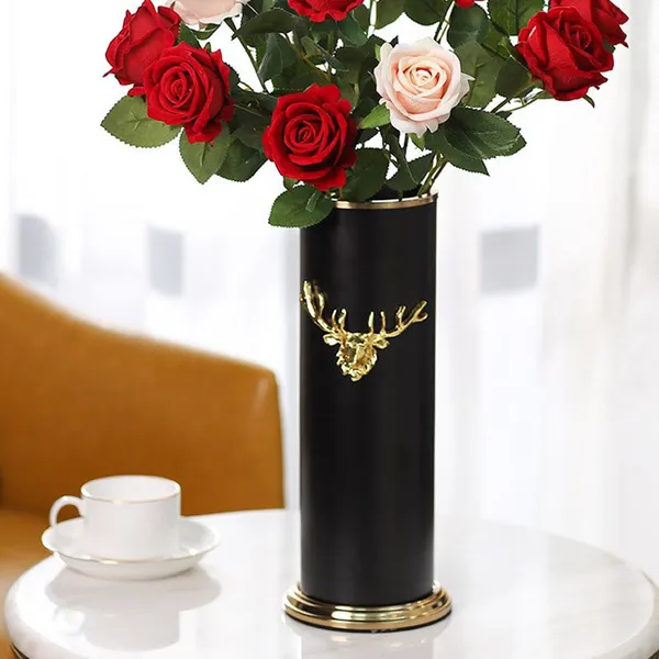 Metal Deer Head Nordic Light Luxury Cylinder Black Gild Metal Vase For Home Soft Decor photo-2