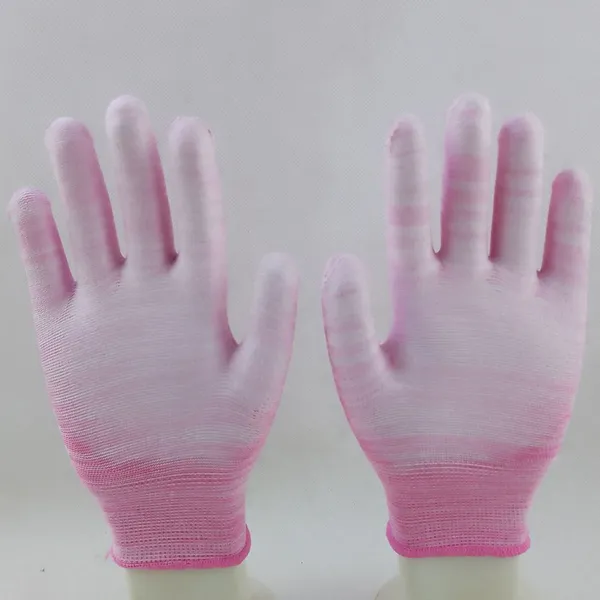 Pink and White Polyester Knitted pu Palm Coated Anti-static Safety Work Gloves photo-2