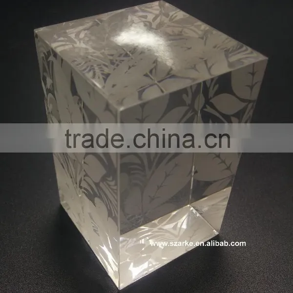 Custom Clear Acrylic Paperweight With Printed Frosted White Picture Pattern,tall Square Crystal Glass Block Desktop Decoration photo-2