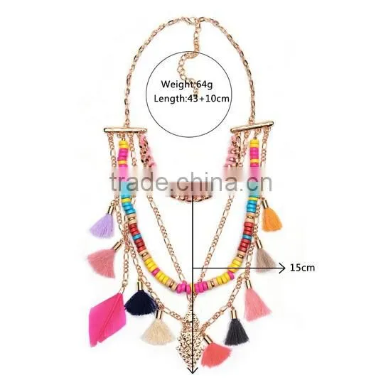 Fashion National Style Mutil Chain Tassels Colorful Beads Chunky Choker Necklace Jewelry photo-3