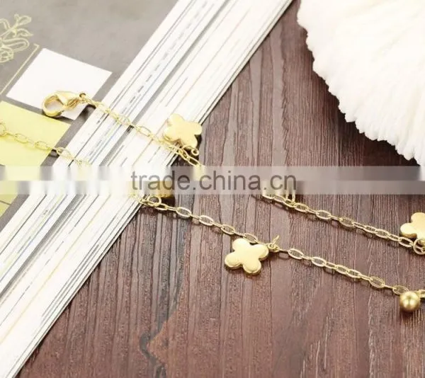 Lucky 18K Gold Plated Stainless Steel Four Leaf Charm Anklet Ankle Bracelet photo-3