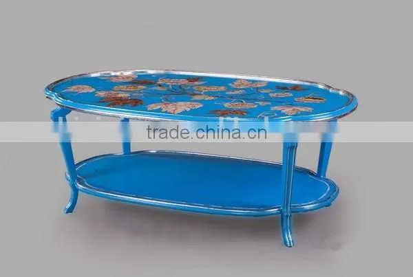 Hand Painted Wooden Coffee Table, Exquisite Seasell Mosaic Inlay Oval Shaped Side Table, Classical Living Room Tea Table photo-2