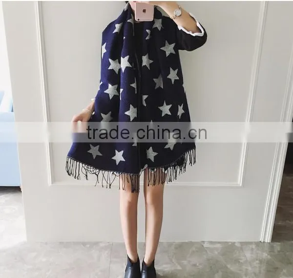 Wholesale Price 2017 New Arrival Girl Scarf White Stars Blue Bottom Color Printed 200*68cm School Student Tippet With Tassels photo-5