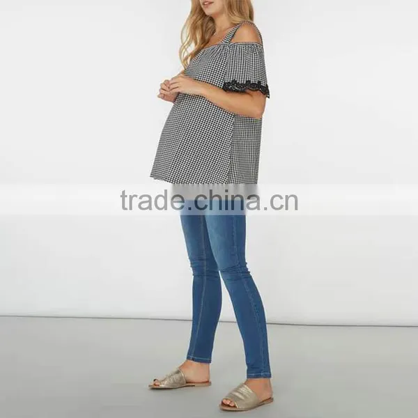 Wholesale Maternity Clothes With Monochrome Gingham Top Loose And Comfortable photo-3