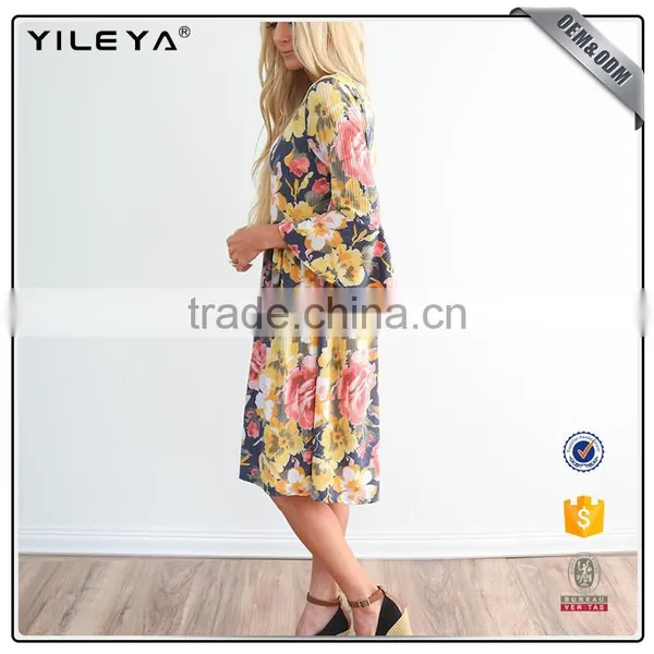 With Sleeve Korean Women Sexy Summer Floral Midi Dress photo-2