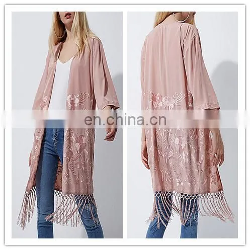 Silk Floral Pink Kimono Tops For Womens With Fringed Hem Cardigan
