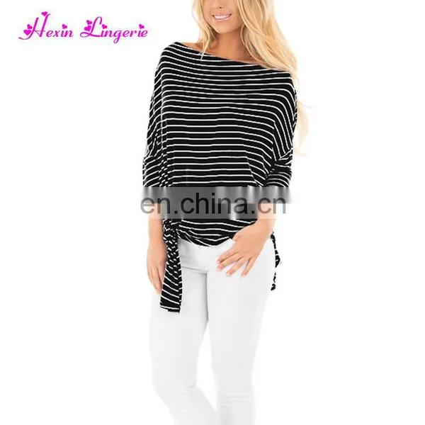 Fast Delivery Black Striped Casual off Shoulder Winter Casual Blouse for Fat Woman