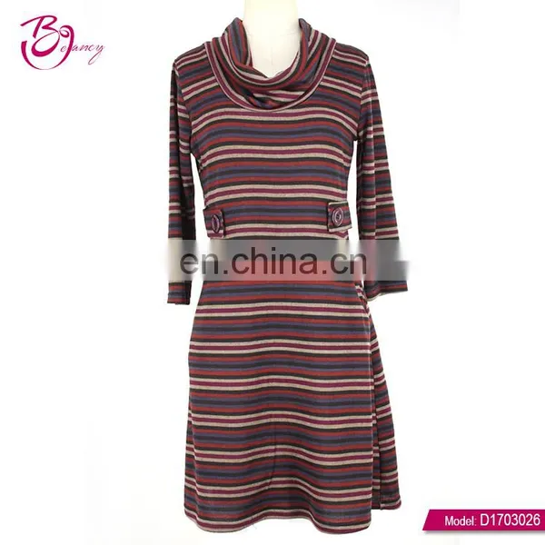 Cowl Neck Stripe Long Sleeve Western Plus Size Ladies Dresses photo-3