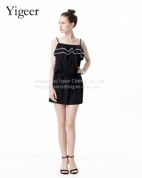 Sleeveless Black Spaghetti Strap Ladies’ Short Jumpsuit photo-4