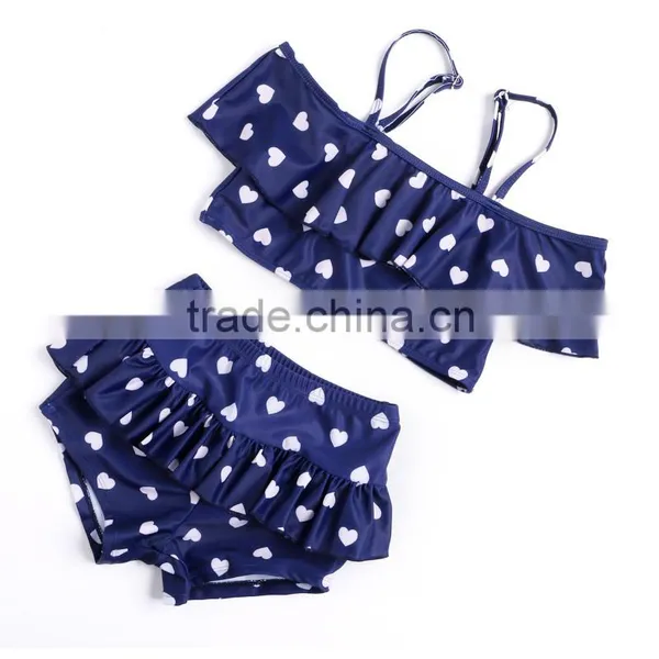 2016 Summer Hot Sale Two Piece Kids Navy and White Swimsuit Wholesale Boutique Baby Girl Heart Print Tankinis Beachwear Children