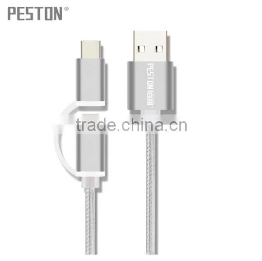Newest Nylon Braided Metal Plug 2 in 1 Micro USB Cable Data Cable Colorful Alloy Mobile Phone Cable 1.5m for Android Type C