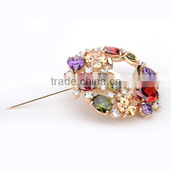 Platinum Plated Luxurious Multi Color Round Brooch With AAA+ Cubic Zircon Micro Pave Setting for Women and Men in 4 Colors photo-2