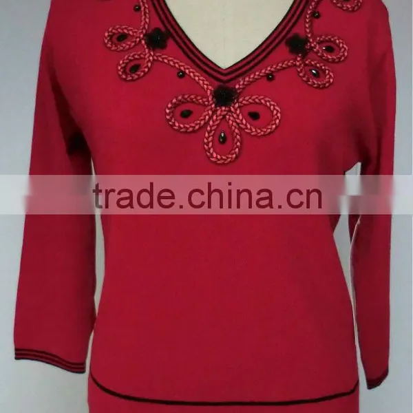 ASM-210183 Ladies V Neck Pullover With 3/4 Sleeves