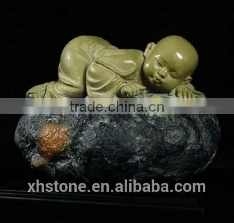Lovely Shaolin Little Monk Buddha Statue Sleep on Stone photo-2