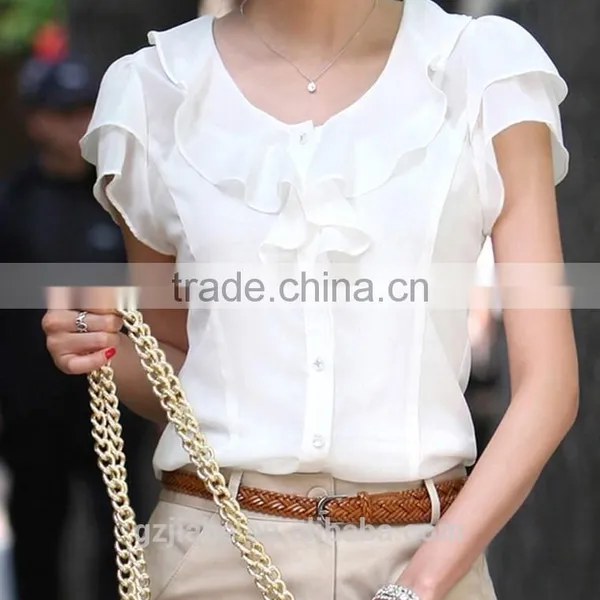 NEW 2015 Spring Summer New Women Clothing Girl Casual Bow Tie Short Sleeve Chiffon Blouse & Shirt Office Lady Ruffles Formal Top